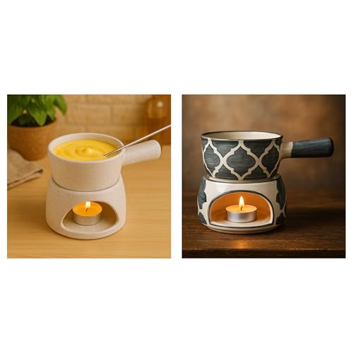 Image of Ceramic Fondue Set Pack of 2 (2 Piece of Fondue Set, 4 Tea Light Candle), Capacity 180 ml, White Matt & Grey
