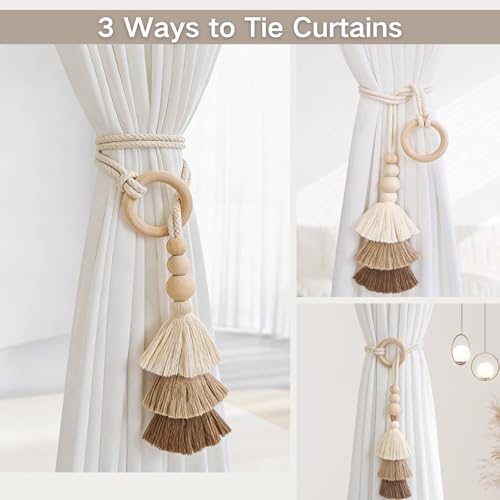 SPRFAIRY 2PCS Boho Curtain Tiebacks with Tassel & Wooden Beads Handmade Wooden Ring Rope Curtain Tiebacks Drapery Curtain Holdbacks for Indoor Outdoor Drapes Decorative (Beige) - Thumbnail 3