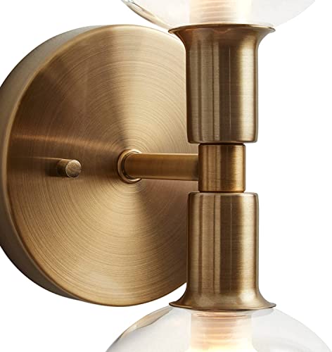 Image of Francis Millar Modern Two Light Brushed Gold Metal Wall Sconce Lighting Fixture with Light Bulb and Clear Glass Shades ~ Provides Style and Grace to Your Home with Hand-Blown Glass Orbs