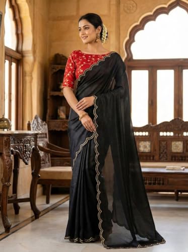 Image of Chinon Silk Saree with Embroidered Blouse, Traditional Georgette Saree, Elephant Embroidery Pattern, V-Neck Design, Free Size, Festival Wear
