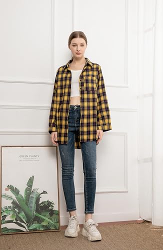Minibee Women's Cotton Blouses Tops Plaid Long Sleeve High Low Button Down Shirts Tunic2