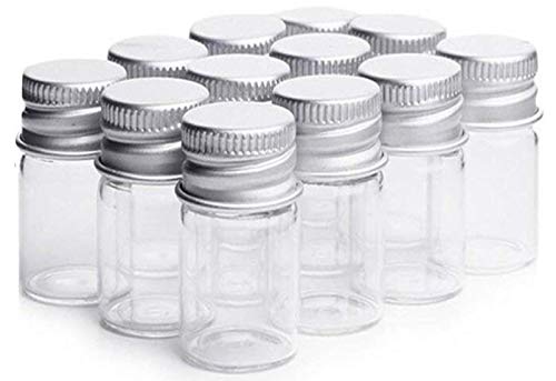 VASANA Lot de 12 flacons décoratifs en verre transparent de 30 ml avec bouchon en aluminium pour distribuer des échantillons de messages, huiles essentielles, poudres de souhaits Cover