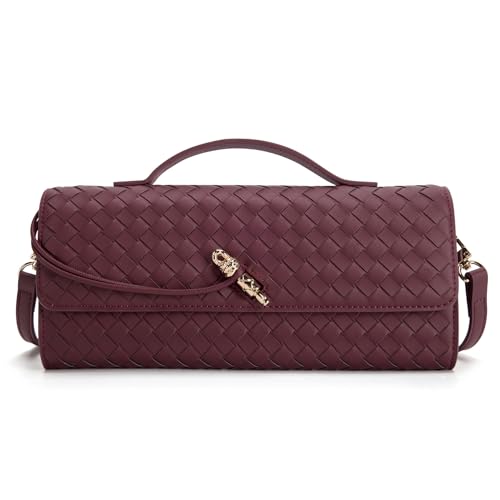 ROMANTIC CROWN Bolsa Feminina Bolsa Clutch Noite Bolsa Transversal Bolsa de Ombro Bolsa Mão com Trançado, Couro PU Vegan, com Alça Ajustável e Fecho de Nó, Para Casamento, Festa, Uso Diário (Vinho)
