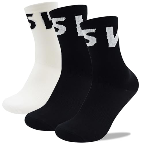 Kiygeran Men's Cycling Crew Socks 3-Pack Bike Biking Bicycle Compression Socks Breathable Mountain Road One Size（2Black/White）