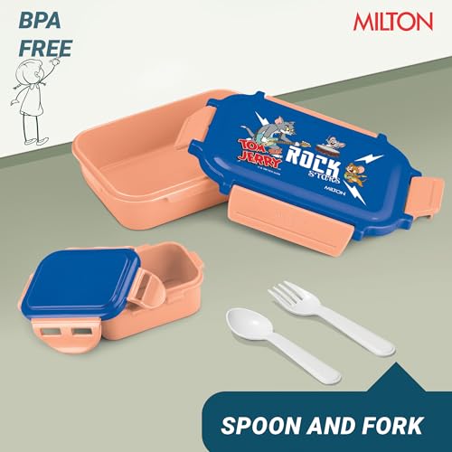 Image of MILTON Sherry Tiffin (Tom & Jerry) Lunch Box for Kids Boys & Girls with Leak-Proof Inner Container| Food Grade,BPA Free,Compact & Durable Snacks Box for Kids I Plastic Spoon & Fork, 520 ml, Peach