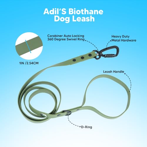Image of Adil's Biothane Waterproof Dog Collar, Dog Leash & Collar Leash Combo | Heavy Duty TPU Coated Webbing | Adjustable Quick Release Buckle | Odour Resistant (Army Green, L-22, Leash Only)