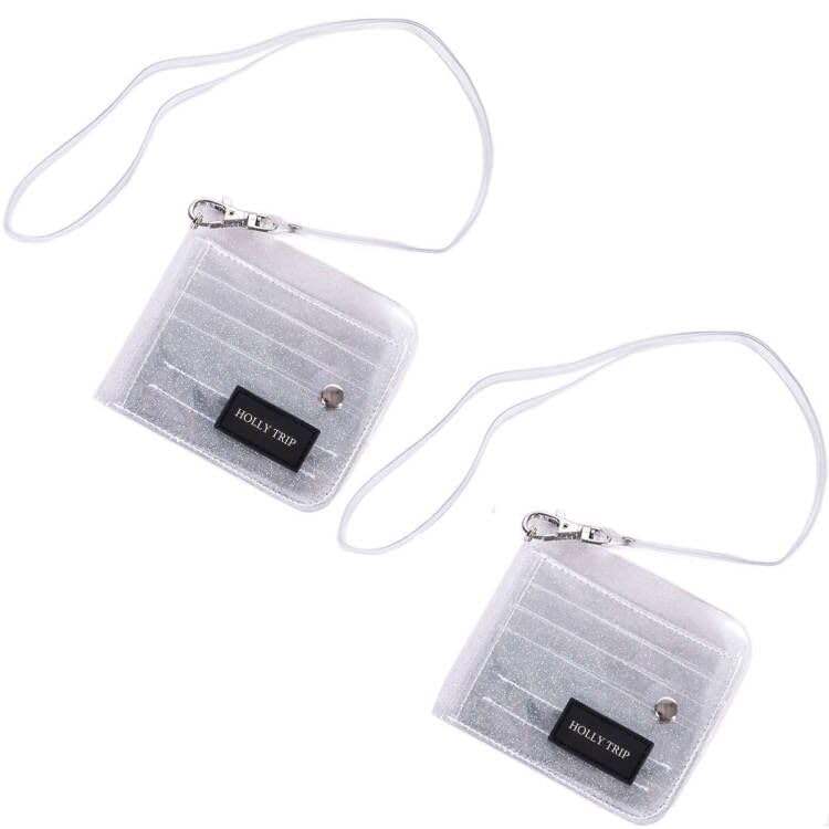 Pack of 2 Clear Bifold Wallet Small Purse, Cute PVC Jelly Wallet ID Card Case Holder with Neck Lanyard for Women Girls, Silver2