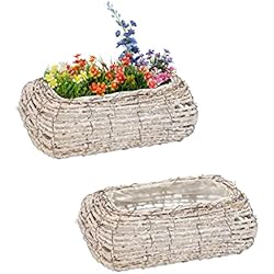 Macetero Jardin Aluminio Relaxdays Macetero de ratán con Papel de Aluminio, 2 Unidades, 10 x 25 x 15 cm, cestas de Cultivo para Interiores, Color Blanco y Natural