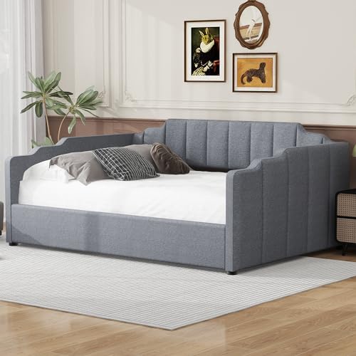 DNYN gray upholstered full daybed with the platform lifted to show the storage compartment below — proves the entire mattress base opens for storage.