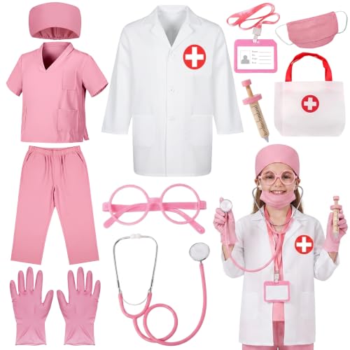 Image of Fictoria Doctor Costume Set Girls Pink Lab Coat Scrubs Stethoscope(150CM)