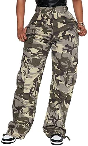 Camo Cargo Pants Women High Waisted Baggy Straight Leg Relaxed Fit Jeans Y2K Fashion Hiking Pants Rave Outfits Streetwear with 6 Pockets Green Camo M
