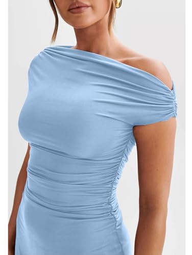 Image of LAGSHIAN Womens Off Shoulder Sleeveless Ruched Flare Mini Dress | Sexy,Summer,Slim Fit,Stretch,Trendy,Double Layer,A-line,Cocktail Party,Club,Night Out,Date,Asymmetrical Shoulder