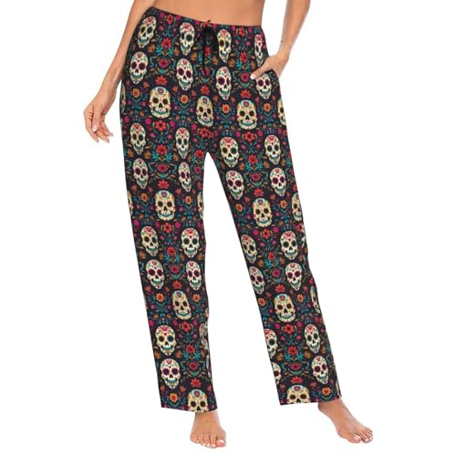 PrelerDIY Funny Colorful Sugar Skulls Flowers Women Comfy Pajama Pants Stretch Sleepwear Lounge Pants With Pockets & Drawstring Xx-Large