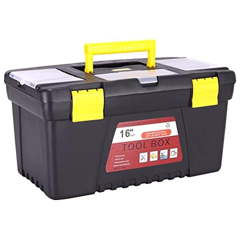 DKIEI Tool Box, 16 Inches Lockable Toolbox with Removable Torte Tray & 3 Lid Organisers for Small Parts, Portable Tool Storage Box for Tools Cover