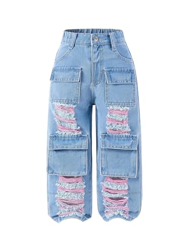 Verdusa Toddler Girl's Distressed Ripped Jean Cargo Pants Y2K Leg Denim Pants with Pockets