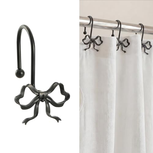 Black Bow Shower Curtain Hooks 12 Pack Decorative Elegant Metal Hangers Rustproof for Standard Bathroom Rods