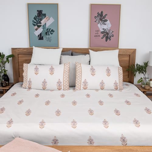 Image of Zahrat Premium Hand Block Printed Bedsheet | Bed Sheet Flatsheet | Pure Cotton | Double Bed King Size 108 inchx108 inch | 300 TC Bedsheets | Includes 2 Pillow Covers | Flower Spread