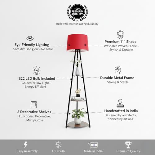 Image of Tripod Metal Floor Lamp with Shelves Stylish Standing Lamp for Living Room Decoration Bedroom Corner Stand Aesthetic Home Decor (Vivid Red) LED Bulb Included