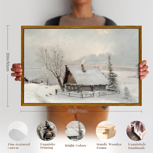 crmotu Vintage Framed Wall Art, Country Winter Scene Canvas Pictures, Snow Farmhouse Cottage Art Prints, Rustic Landscape Wall Paintings for Living Room Bedroom Bathroom Decor Aesthetic 20x30in
