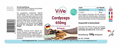 Cordyceps ViVe Supplements 650 mg, 90 Kapseln – Pilzpulver