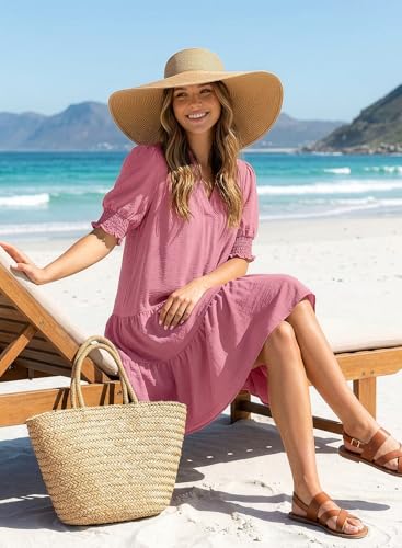 Image of Dokotoo Casual Dresses for Women Lapel Collared V Neck Mid Sleeved Pleated Summer Dresses for Women 2026 Midi Dresses