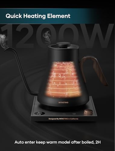 Image of INTASTING Gooseneck Electric Kettle with 1℉ Temperature Control, 0.9 Liter | Fast Heating, Stainless Steel Interior, for Pour Over Coffee, Tea & Boiling Water, Keep Warm, Auto Shut-Off, Matte Black