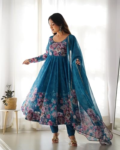 Image of KD Women's Floral Print Anarkali Kurta Set with Pant and Dupatta, Georgette, Full Sleeves, Asymmetric Hemline