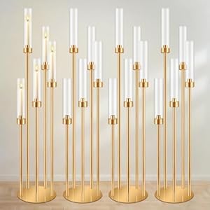 DIWNELEM 4 Pcs Gold Candelabra Centerpieces 5 Arm 42″ Tall Metal Candle Holder Floor Candelabra Wedding Centerpieces Metal Candlestick Holders with Acrylic Removable Lampshade for Christmas Decoration