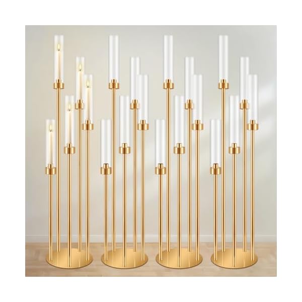 DIWNELEM 4 Pcs Gold Candelabra Centerpieces 5 Arm 42″ Tall Metal Candle Holder Floor Candelabra Wedding Centerpieces Metal Candlestick Holders with Acrylic Removable Lampshade for Christmas Decoration