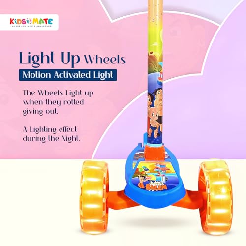 Image of Kidsmate Chhota Bheem Kick Scooter with Broad LED PVC Wheels | Non-Slip Wide Deck with Push Brake Kids Scooter for Age 3+ Yrs | 4-Level Height Adjustable | Max User Weight 50Kg - Blue