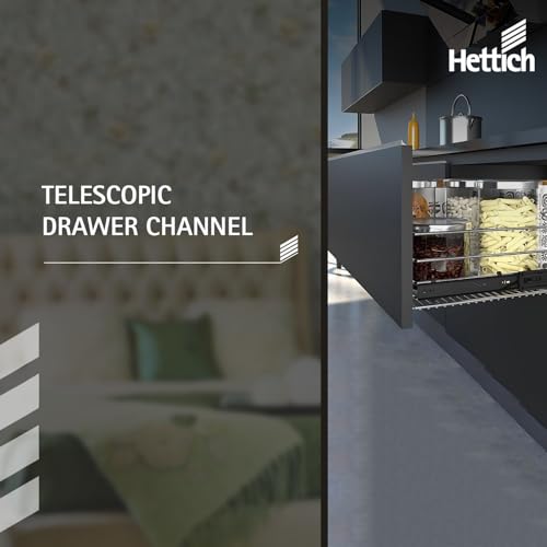 Image of Hettich KA 5632 Side Mounted Telescopic Drawer Channel Runner, Zinc Finish, 45 kg Capacity, for Home Kitchen Wardrobe Drawers, Pack of 1 Pair (2 Pcs)