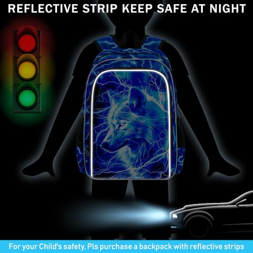 Image of 3Pcs Wolf Backpack for Boy, 17 inch Lightning Bookbag for Elementary Preschool Kindergarten, Kids School Backpacks with Lunch Box (Blue)