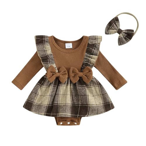Image of Newborn Baby Girl Fall Winter Outfit Set Plaid Romper Dress Ruffles Long Sleeve Clothes Jumpsuit with Bow Headband