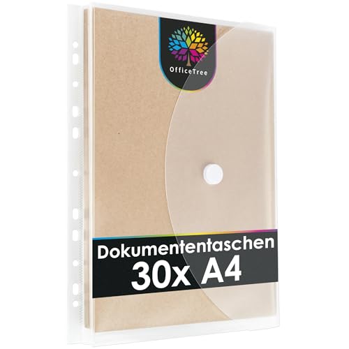 OfficeTree 30 x Dokumententasche A4 Abheftbar mit 200 Lochverstärker - Folientasche A 4 - Dokumentenmappe A4 zum Abheften - Klarsichthüllen mit Klettverschluss und Abheftrand
