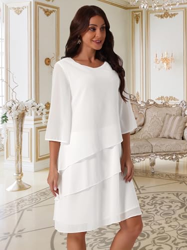 Image of Seta T Women's Chiffon Dresses 3 /4 Bell Sleeve Crewneck Tiered Layered Flowy Dress Party Wedding Outfits