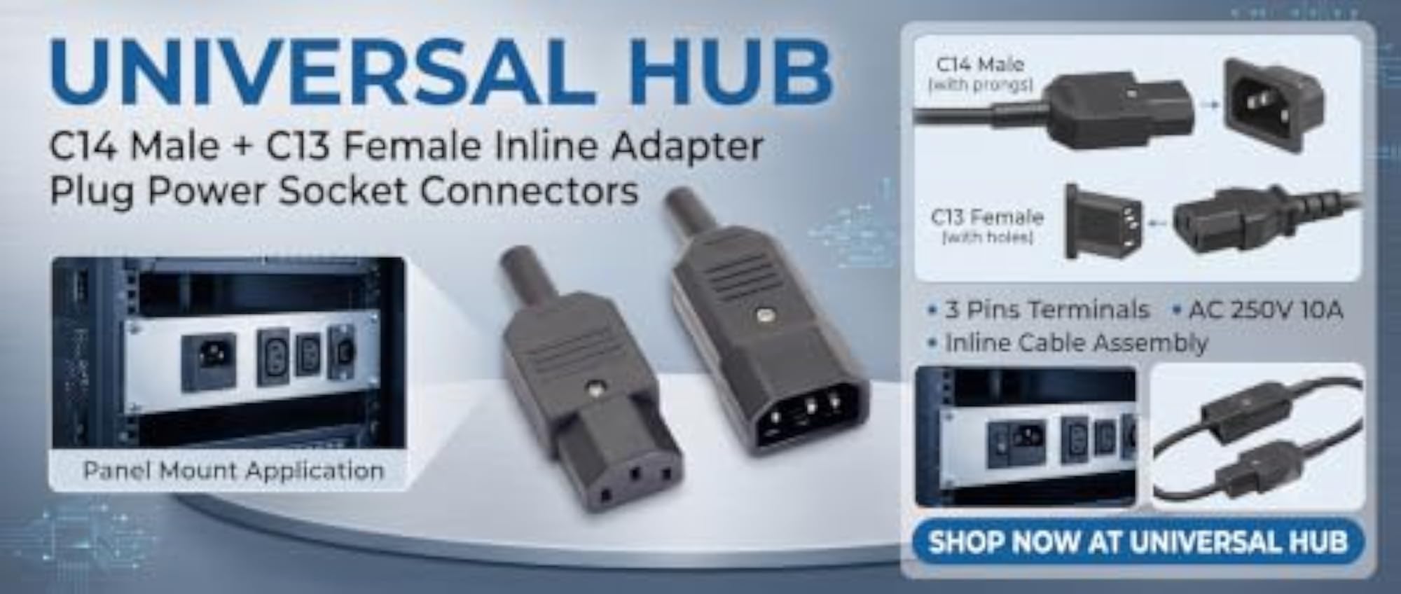 IEC320 C14 Male + C13 Female Inline Adapter Plug