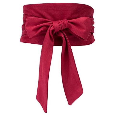 shengweiao Women's Self Tie Wrap Around Obi Soft Wide Waist Band Cinch Boho Dress Belt (Red, Fit to waistline 26.7"- 35.4") Cover
