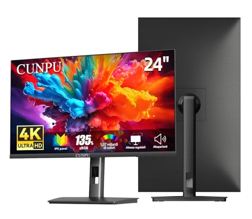 CUNPU Monitor 4K 24 pollici 丨Regolabile in Altezza, Altoparlante incorporato丨SRGB 135%, AdobeRGB 100% 丨UHD (3840 x 2160) 丨1,07 Miliardi di Colori丨Sync, DP/HDMI,Per creazione ufficio e giochi 3A