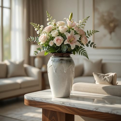 Image of Ceramic Flower Pots for Garden | Big Size Planters for Home Decor, Living Room, Balcony & Office | Multi Utility Vase Gamla for Indoor Outdoor Plants (Hand-Painted, White, 10 Inch)