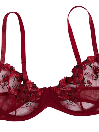 ROSVAJFY Women's Sexy Lingerie Set with Floral Embroidery, Mesh Push Up Underwear Set 2 Pieces, Underwire Bra and Panties Set Elegent Lingerie with Adjustable Spaghetti Straps (Burgundy, M) - Image 8
