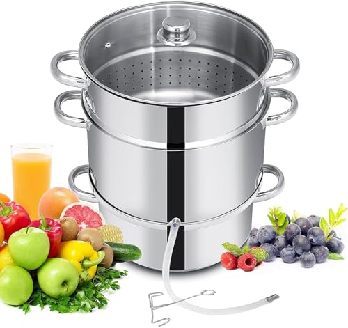 LDAILY 11 Quart Steam Juicer, 3-Layer Steam Juice Extractor, Fruit Vegetable Steamer w/Tempered Glass Lid, Hose, Clamp, Loop Handles, Stainless Steel Steamer Pot Cookware for Making Juice/Jelly/Pasta