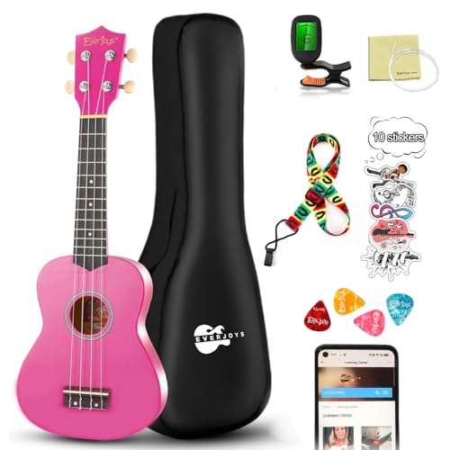 Image of Everjoys Soprano Ukulele Beginner Kit 21 Inch w /Free Online Lesson Gig Bag Tuner Picks Strap, Fast to Learn (Shinny Purple)