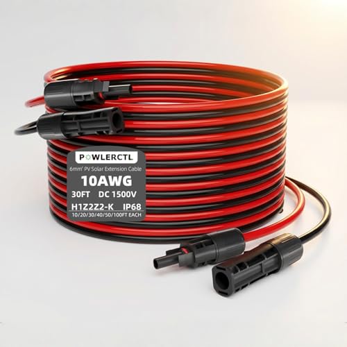 Powlerctl Solar Panel Extension Cable 10 AWG 30Ft 6mm Wire Gauge Certified PV Cable 100% Tinned Copper Heavy Duty with Male and Female Waterproof mc4 Connectors for RV Home Boat Photovoltaic Systems