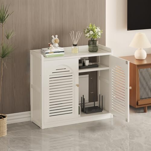 MiluFox ルーター 収納ボックス 木製 配線 隠す コンセント コード 整理 スリム 通気性 ドア付き オフィス リビング エントランス ワイヤレス LAN 据え置き ノードリル 設置簡単 ほこり防止 モダン (ホワイト,小サイズ67cmB)