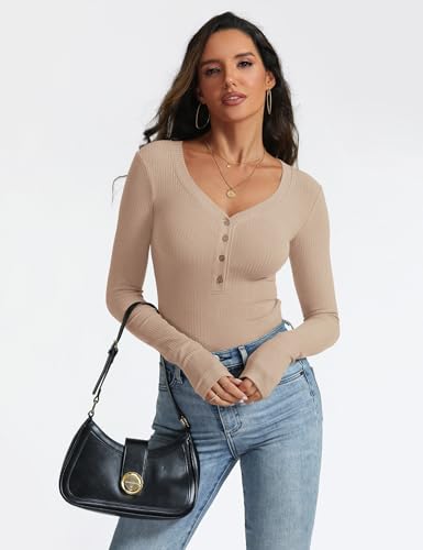 Women's Long Sleeve V Neck Shirt Sexy Henley Tight Slim Fitted Going Out Top Ribbed Button Fall Fashion 20252