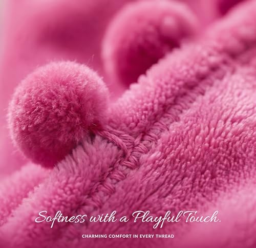Image of VAS COLLECTIONS Premium Plush Fleece Blanket 250 GSM | Ultra Soft Lightweight Cozy Throw with Pom-Pom Trim | Multipurpose for Bed, Sofa, Couch, Travel & Camping | 228x228 cm (90x90 Inches), Pink