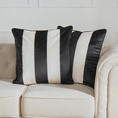 OHS 2 Pack Cushion Covers 45 x 45cm, Super Soft Matte Velvet Black & White Stripe Print Decorative Throw Pillow Covers with Hidden Zipper For Sofa Bed Livingroom, Mono