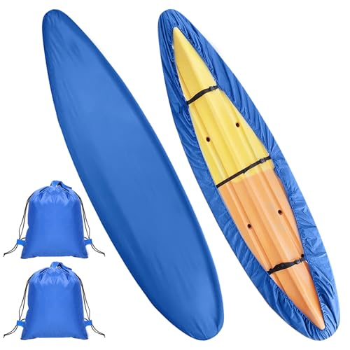 2 Pack Waterproof Kayak Covers 8.5FT-9.8FT Heavy Duty 420D Kayak Guard Sun Shield Protector with 2 Storage Bag 3 Adjustable Buckles for Outdoor and Indoor Canoe Paddle Board Storage, Blue