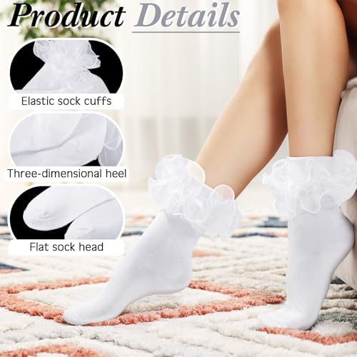Geyoga 3 Pairs Women Big Ruffle Socks Turn Cuff, Double Lace Ankle Cotton Frilly Socks for Ladies Halloween2