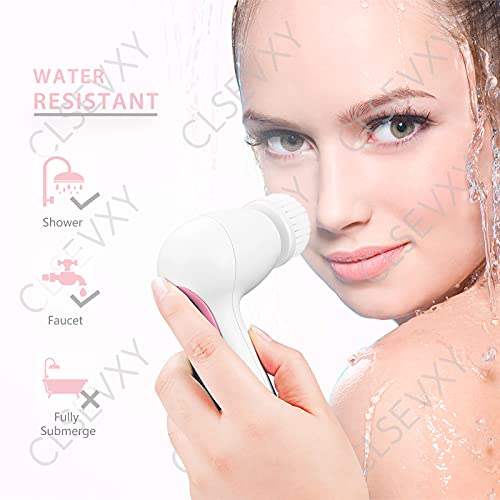 Water-Resistant Facial Cleansing Spin Brush Set with 3 Exfoliating Brush Heads - Complete Face Spa System by CLSEVXY - Advanced Microdermabrasion for Gentle Exfoliation and Deep Scrubbing(Pink)